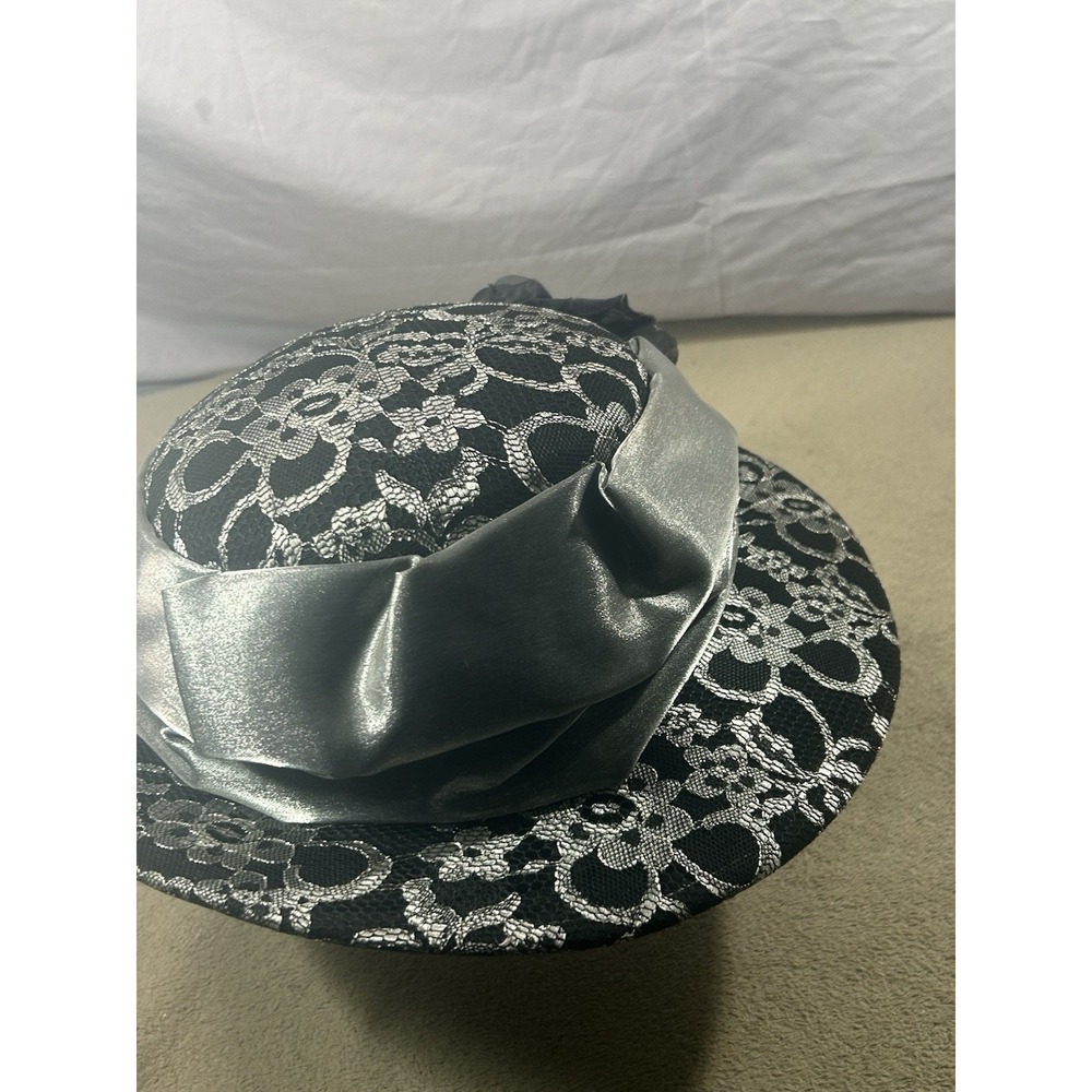 Whittall & Shon Black Silver Lace Church Derby Hat Wide Brim Floral Bow - Picture 4 of 9